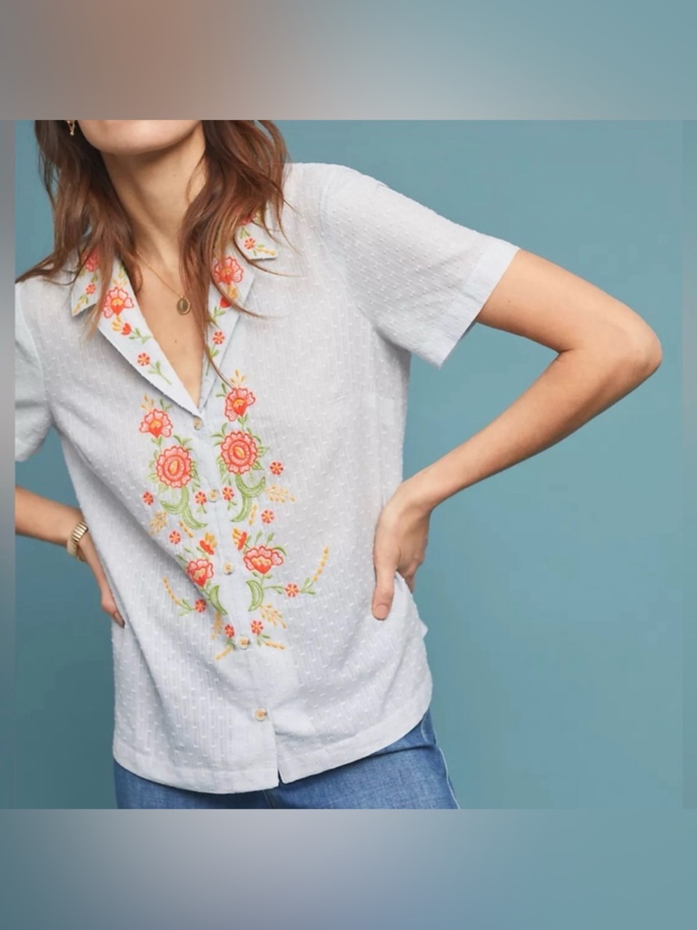Anthropologie Maeve Sandra Floral-Embroidered Shirt